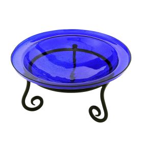 12" Cobalt Blue Crackle Birdbath- Short Stand