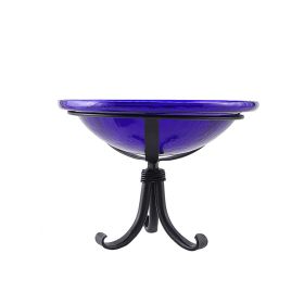 12" Cobalt Blue Crackle Birdbath- Tripod Stand