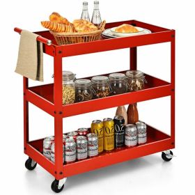 Red Steel Frame Kitchen Serving Utility Cart on Wheels with 2 Bottom Shelves