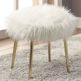 Contemporary Glam White Gold Fabric Faux Fur 1pc Ottoman Upholstery Living Room Ottoman Seat