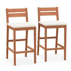 Set of 2 Outdoor Wood Barstools with Soft Seat Cushion