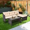 3 Piece Outdoor PE Rattan Furniture Set, Patio Black Wicker Conversation Loveseat Sofa Sectional Couch Khaki Cushion