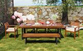 GO Outdoor Wood Dining Set For 7-8 Person, Outdoor Dining Furniture With Removable Cushions, Ergonomic Chairs And Bench, Thicker Table, Nature