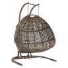 Brown Wicker Hanging Double-Seat Swing Chair with Stand w/Beige Cushion