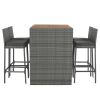 5-pieces Outdoor Patio Wicker Bar Set, Bar Height Chairs With Non-Slip Feet And Fixed Rope, Removable Cushion, Acacia Wood Table Top