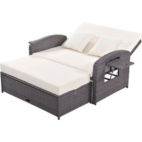 PE Wicker Rattan Double Chaise Lounge; 2-Person Reclining Sunbed with 3-Height Adjustable Back; Free Furniture Protection Cover (Color: White)