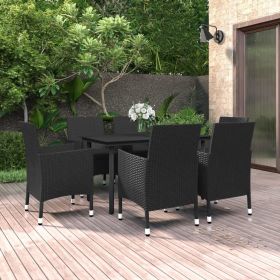 7 Piece Patio Dining Set with Cushions Poly Rattan and Glass (Color: Black)