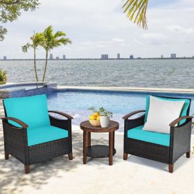 3 Pieces Patio Rattan Furniture Set with Washable Cushion and Acacia Wood Tabletop (Color: Turquoise)