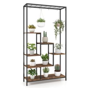 6-Tier Tall Plant Stand 71" Metal Indoor Plant Shelf with 10 Hanging Hooks (Color: Rustic Brown)