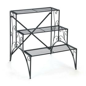 2-Tier Stair Style Metal Plant Stand for Indoor and Outdoor (Color: Black)