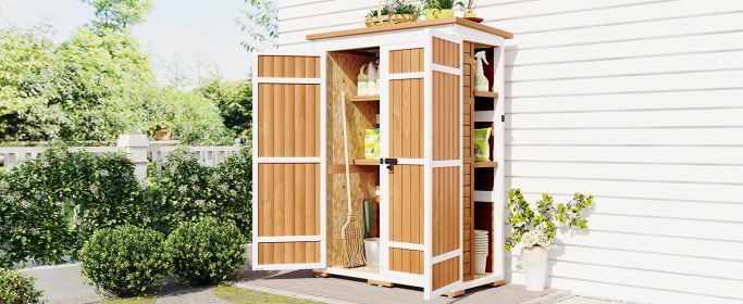 [Video Provided] TOPMAX Outdoor 5.5ft Hx4.1ft L Wood Storage Shed, Garden Tool Cabinet with Waterproof Asphalt Roof, Four Lockable Doors (Color: as Pic)