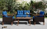 4-Piece Garden Furniture; Patio Seating Set; PE Rattan Outdoor Sofa Set; Wood Table and Legs; Brown and Beige